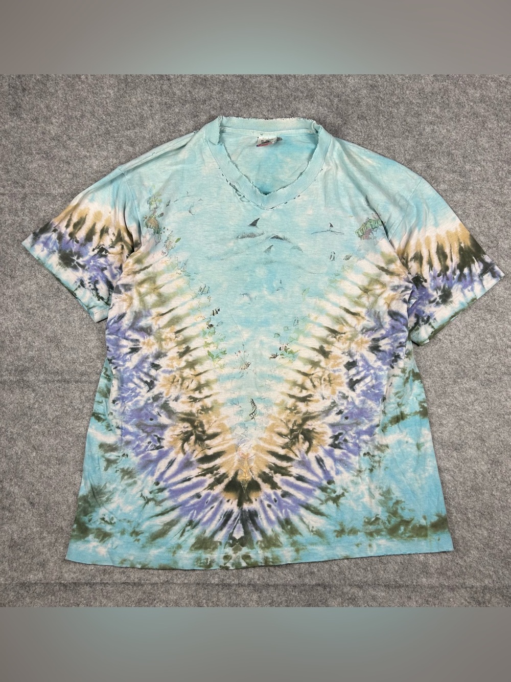 Vintage 90s Single Stitch Ocean Dolphin Under The Sea AOP Distressed T Shirt XL